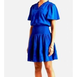 Lauren Ralph Lauren Dress Blue Embroidered Smocked Waist 100% Cotton Size 18